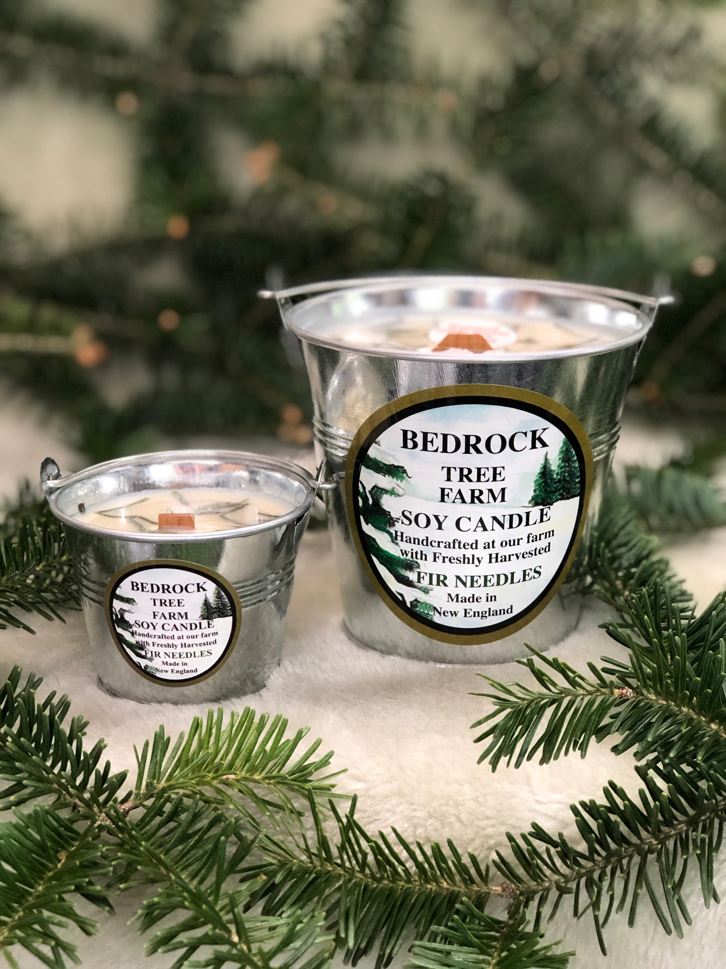 SOY CANDLE Fir Needle Natural Galvanized Pail 12 oz. with wooden wick - P12N